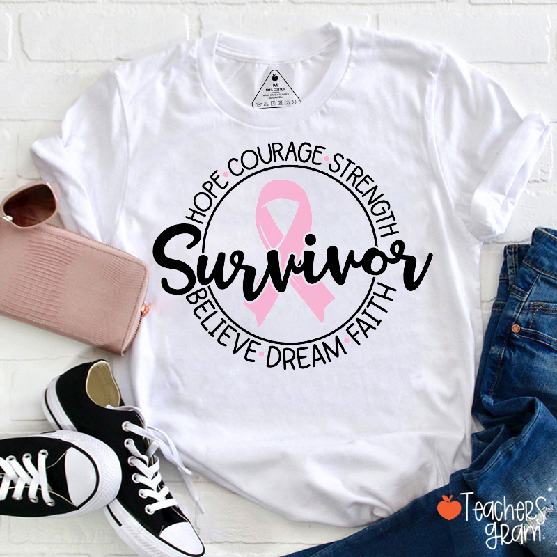 Survivor Pink Ribbon Hope Breast Cancer Awareness Teacher T‑Shirt