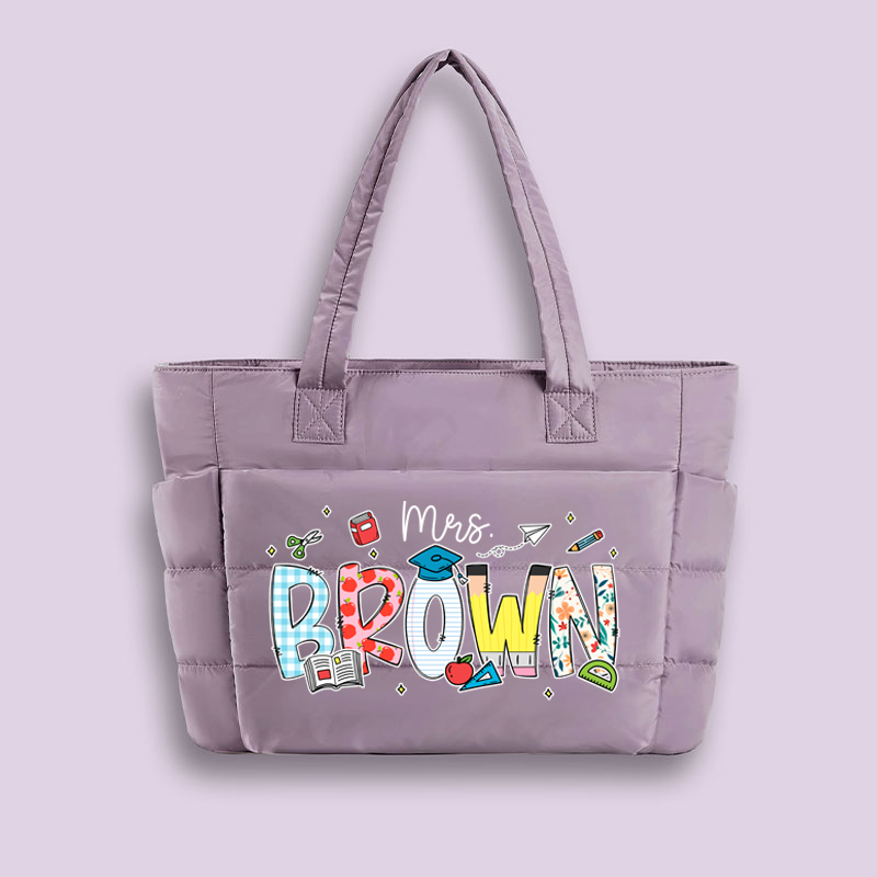 Personalized Name Cartoon Stationery Teacher Puffy Tote Bag