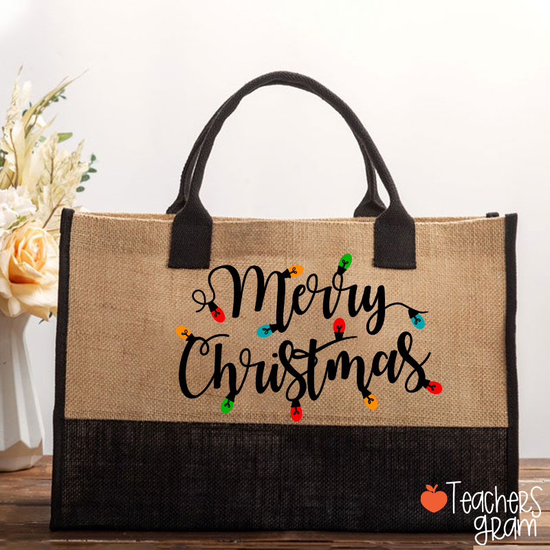 Merry Christmas Colorful Lights Teacher Cotton Tote Bag