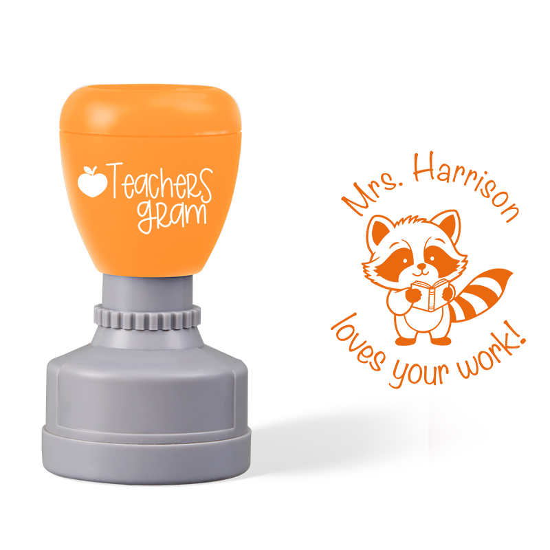 Personalized Name Loves Your Work Raccoon Teacher Stamp