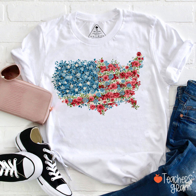 Floral American Map Teacher T-Shirt