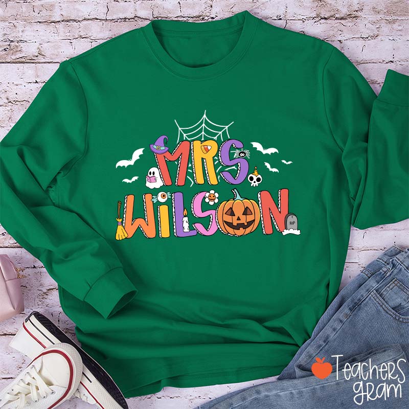 Personalized Name Spider Web Ghost Pumpkin Teacher Long Sleeve T-Shirt