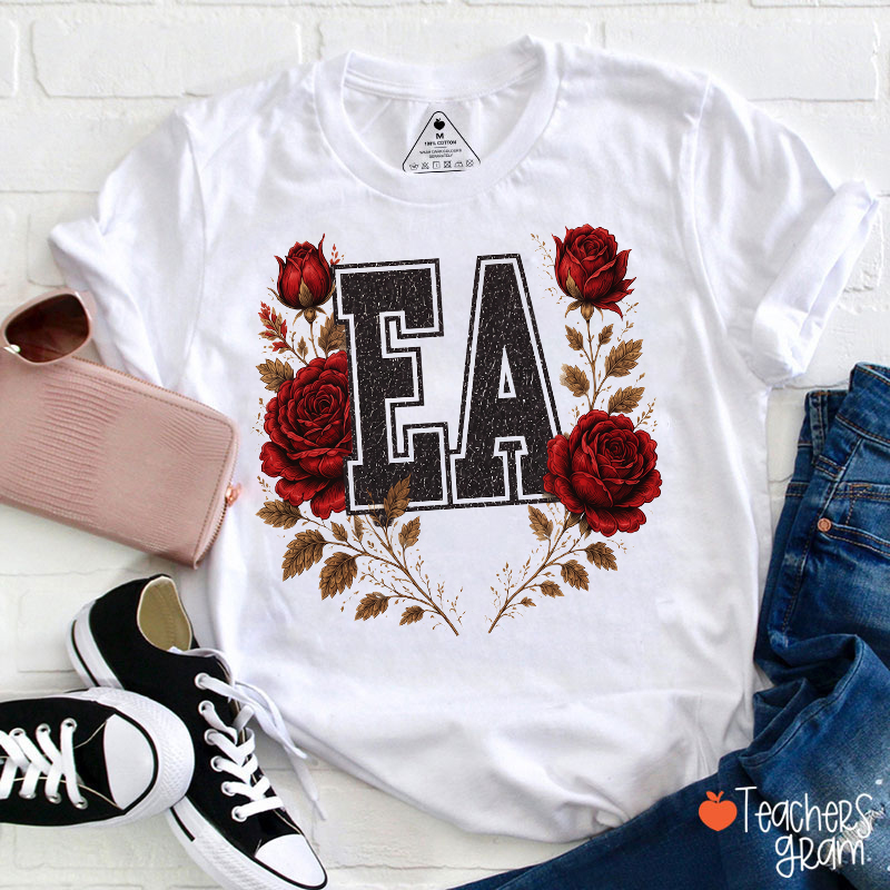 Personalized Initial Letter Red Rose Wreath Teacher T‑Shirt