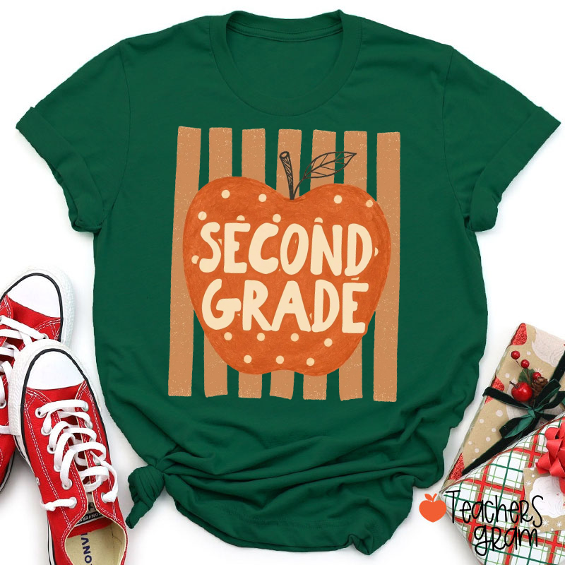 Personalized Grade Heart Apple Vertical Stripe Teacher T-Shirt