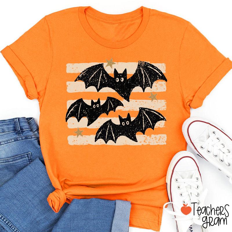 Vintage Striped Bat Star Halloween Teacher T‑Shirt