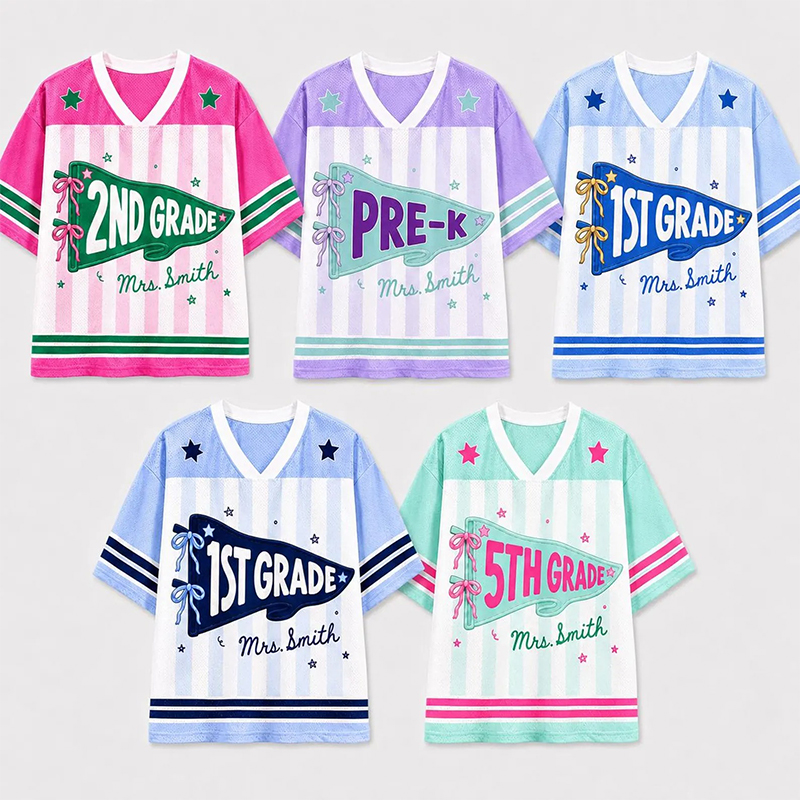 Personalized Grade And Name Preppy Stripes Pennant Fisrt Day Teacher Mesh Jersey