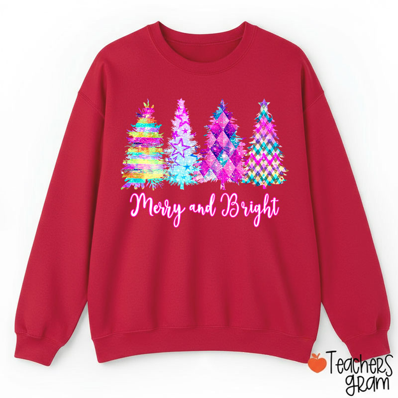 Merry And Bright Colorful Christmas Tree Teacher Sweatshirt