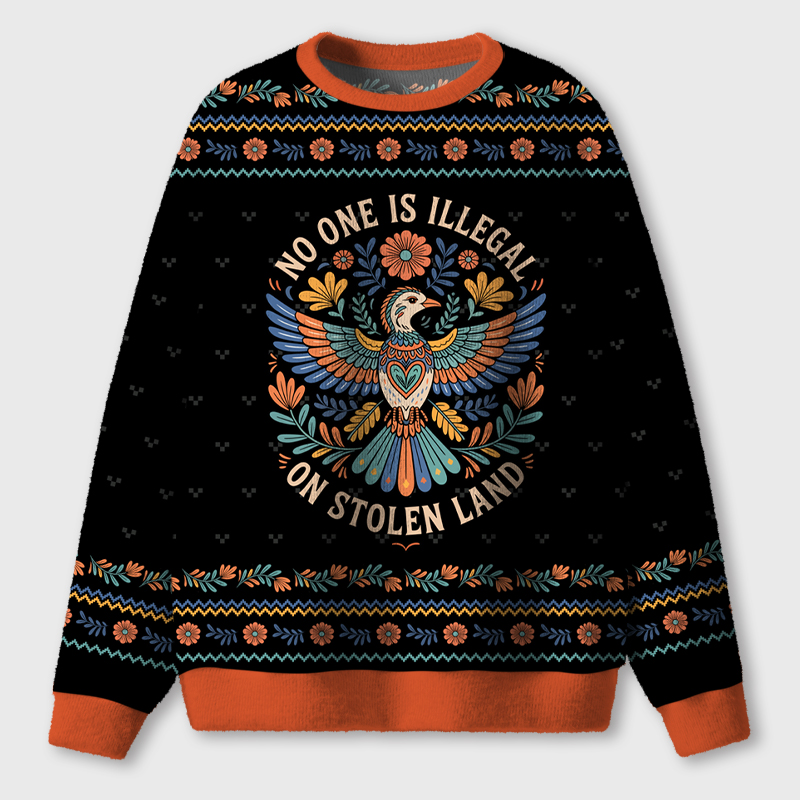 No One Is Illegal On Stolen Land Teacher Ugly Fluffy Sweatshirt