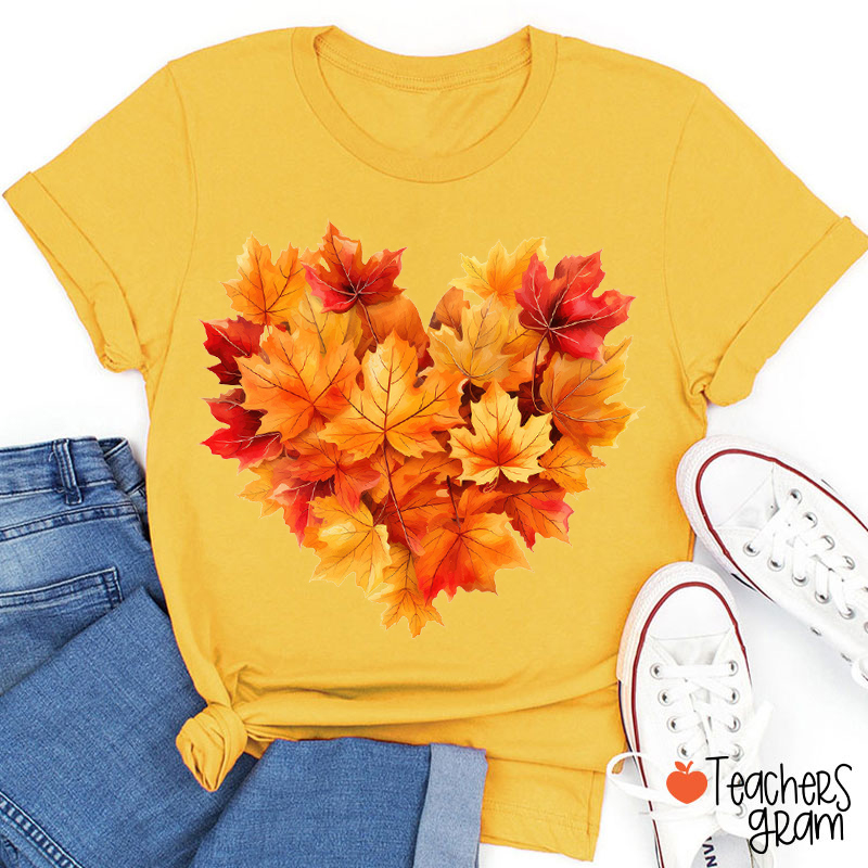 Heart Shaped Maple Leaf Fall Teacher T-Shirt