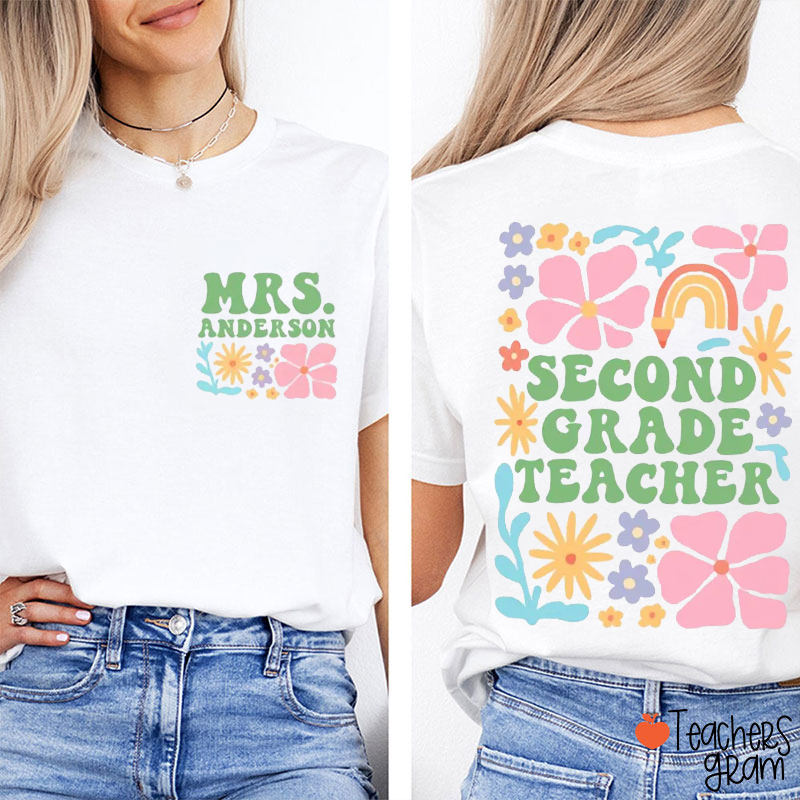 Personalized Name And Grade Boho Floral Teacher Two Sided T-Shirt
