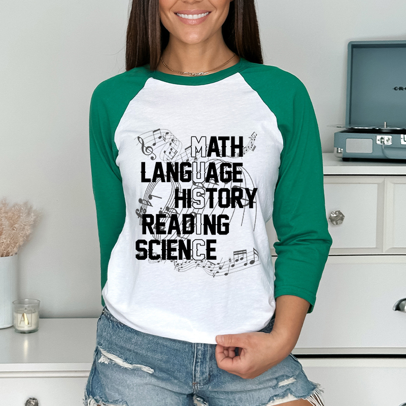 Math Language History Reading Science Teacher Raglan Long Sleeve T-Shirt