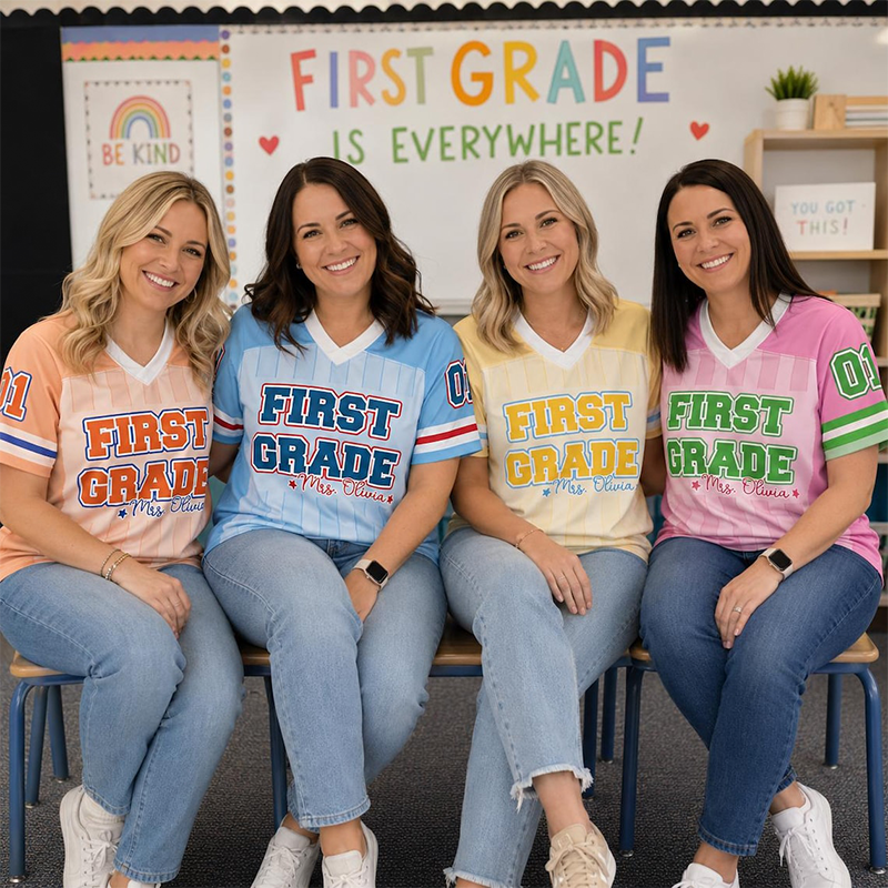 Personalized Grade And Name Vertical Striped Teacher Star Print Teacher Mesh Jersey