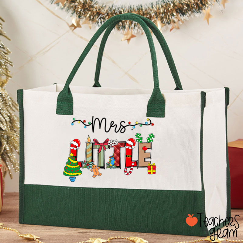 Personalized Name Cute Christmas Elements Teacher Cotton Tote Bag