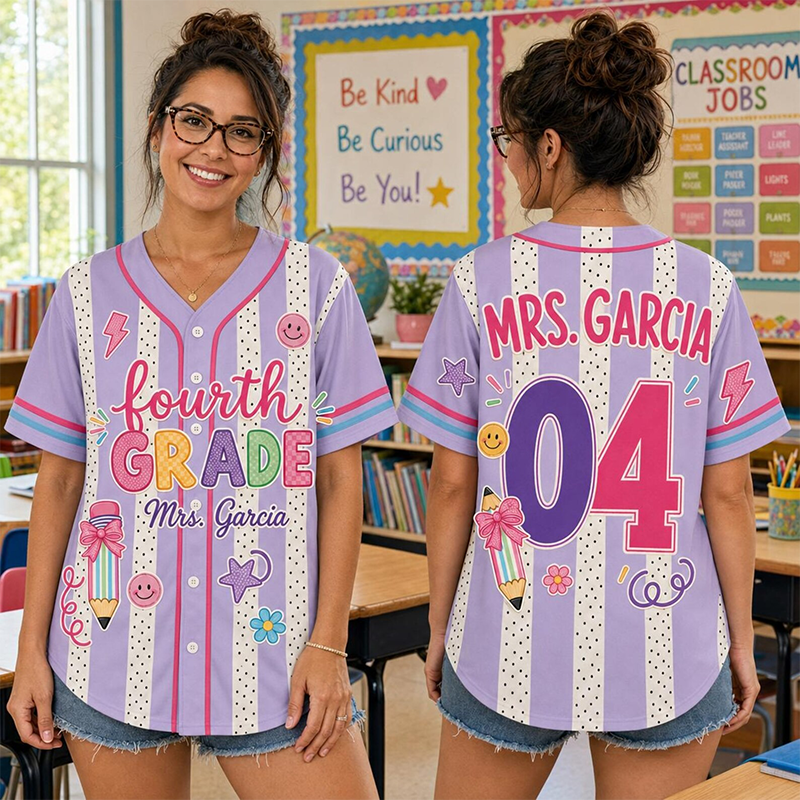 Personalized Grade Striped Polka Dot Stationery Print Teacher Baseball Jersey