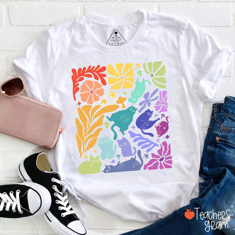 Boho Rainbow Cats Teacher T-Shirt
