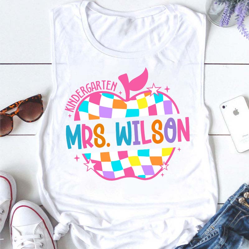 Personalized Colorful Checkerboard Hollow Apple Teacher Tank Top