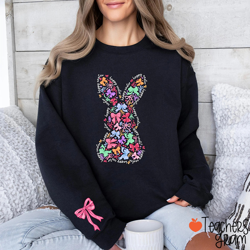 Coquette Bow Bunny Teacher Sleeve Print Sweatshirt