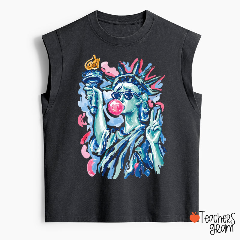 Preppy Statue Of Liberty Blowing Bubble Teacher Washed Tank Top