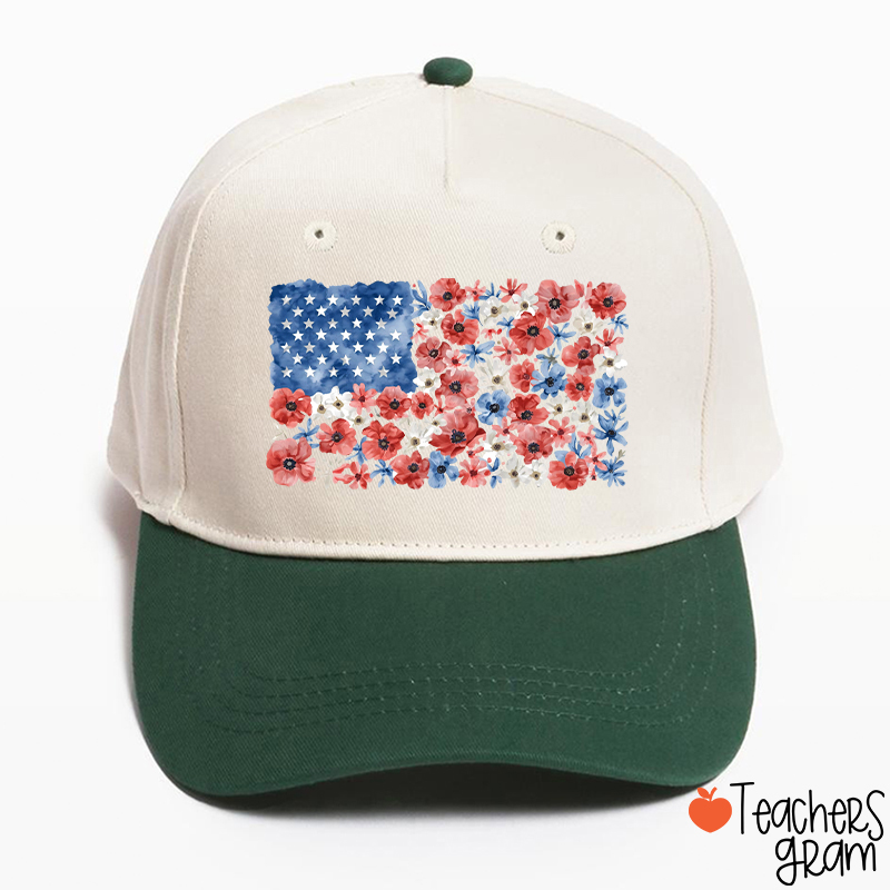 Vintage Floral USA Flag Teacher Baseball Cap