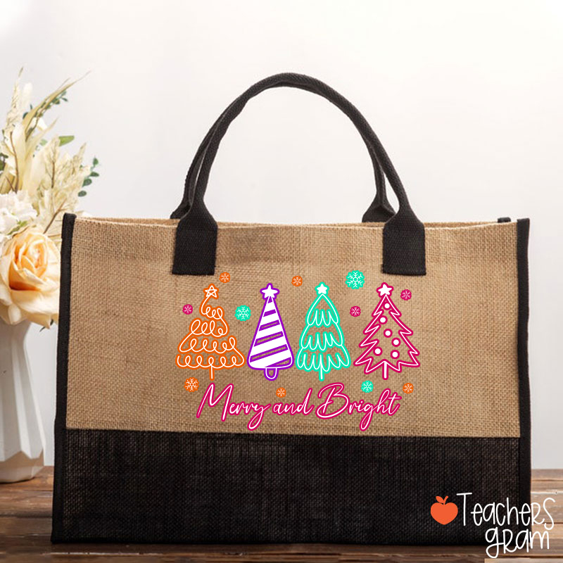 Neon Christmas Tree Merry Christmas Teacher Cotton Tote Bag