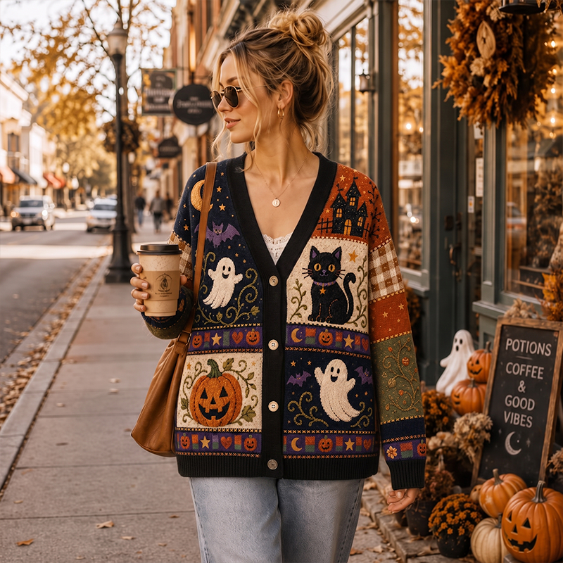 Halloween Ghost Pumpkin Black Cat Haunted House Plaid Teacher Ugly Cardigan Sweaters