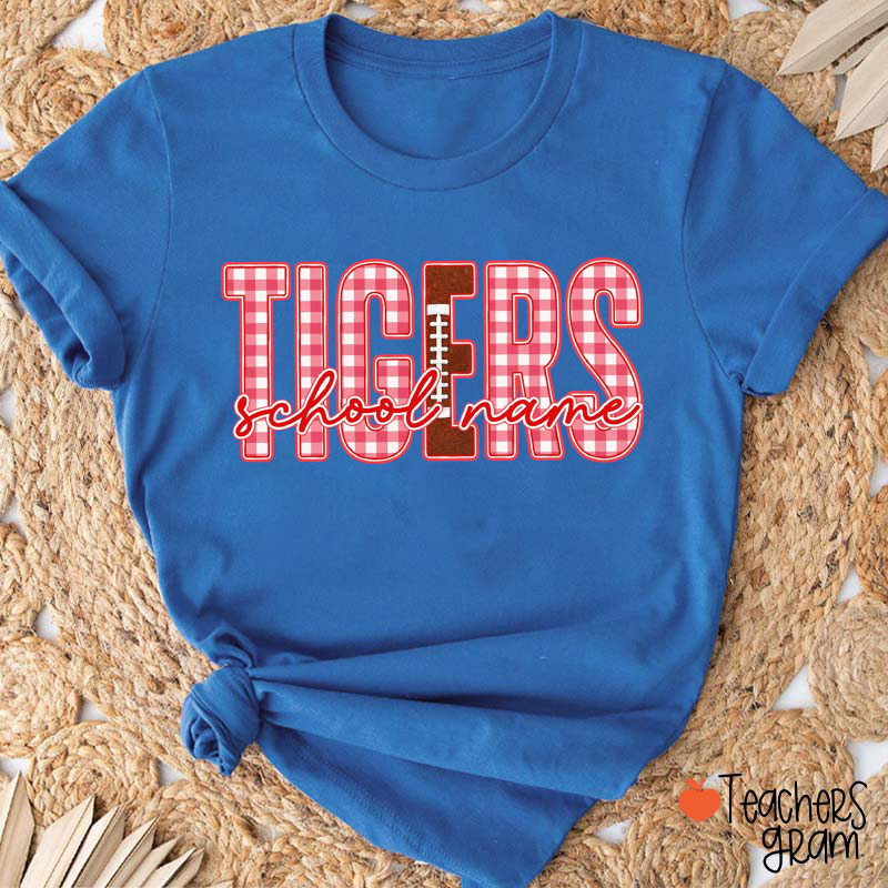 Personalized Mascot And School Name Gingham Football Graphic Teacher T‑Shirt
