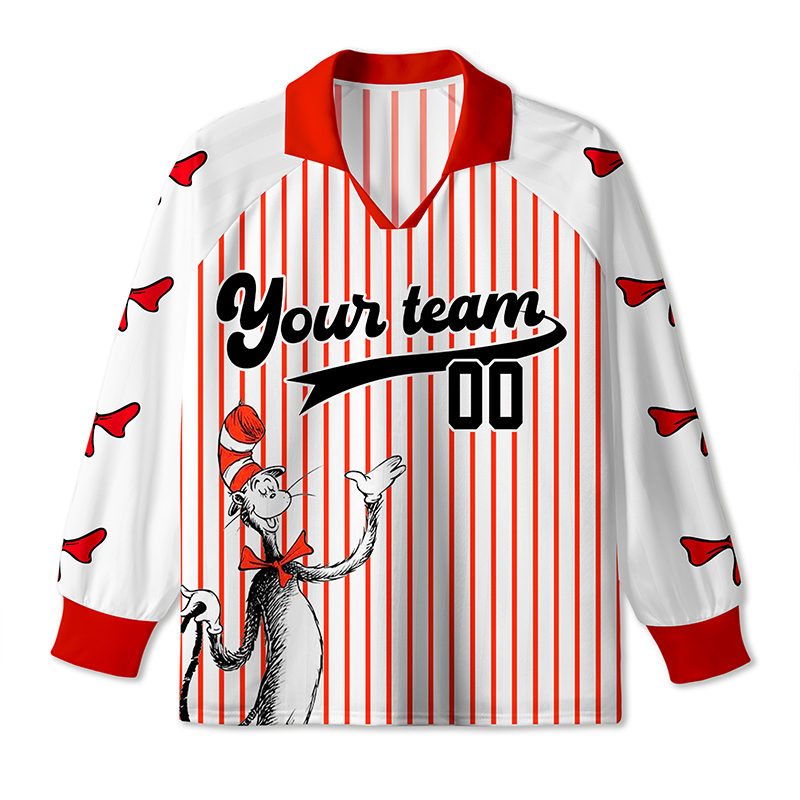 Personalized Team Name And Number Red Hat Cat Teacher Long Sleeve Collar Jersey