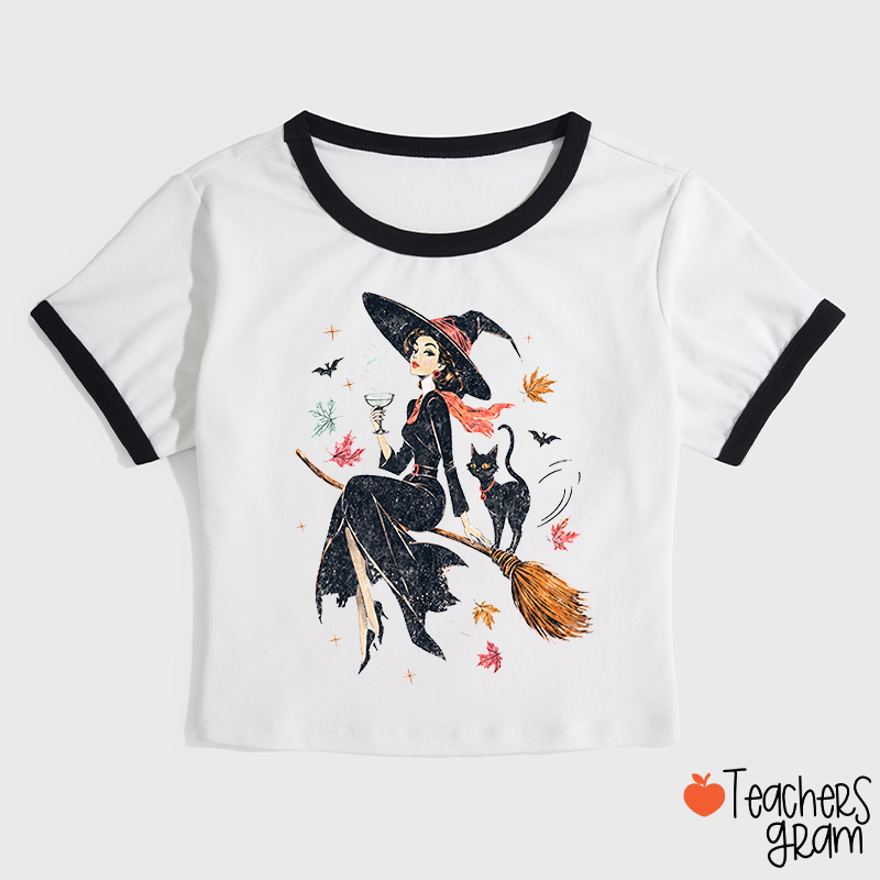 Vintage Witch Halloween Teacher Ringer T‑Shirt