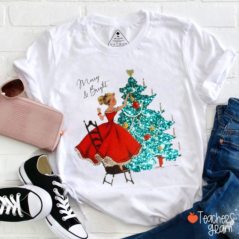 Merry And Bright Girl And Christmas Tree Teacher T-Shirt