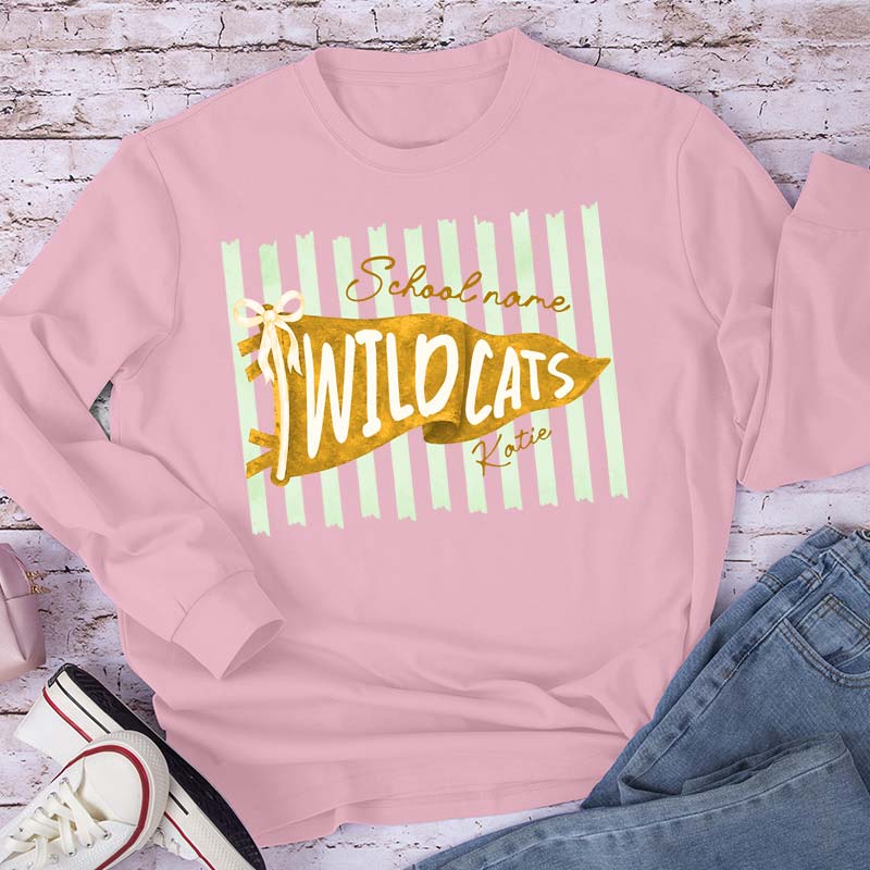 Personalized Mascot School Spirit Stripes Pennant Teacher Long Sleeve T-Shirt