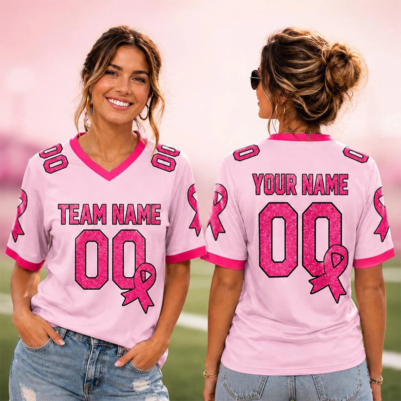 Personalized Name Team Number Pink Ribbon Teacher Mesh Jersey