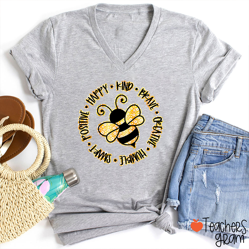 Bee Happy Kind Brave Teacher Female V-Neck T-Shirt