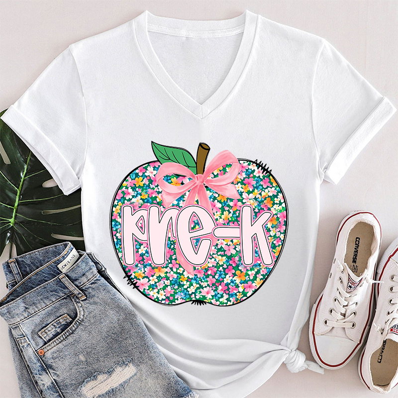 Personalized Grade Flowers Apple Teacher Female V-Neck T-Shirt