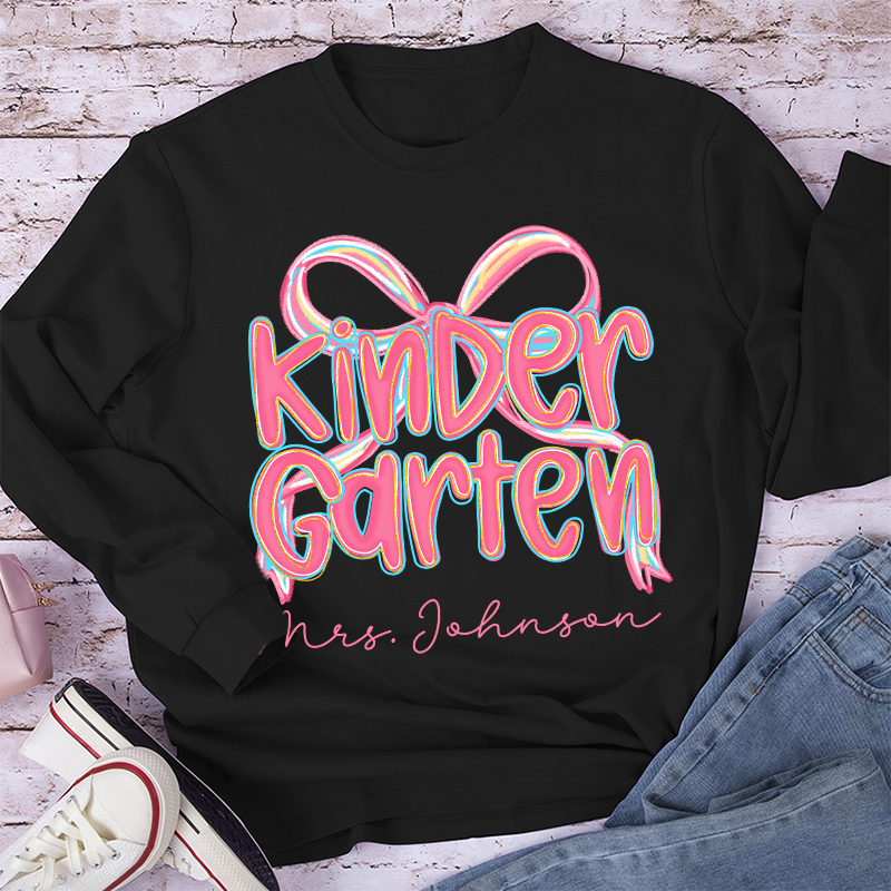 Personalized Grade Pink Bow Teacher Long Sleeve T-Shirt