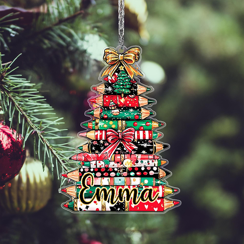Personalized Name Pencil Christmas Tree Teacher Ceramic Christmas Ornament