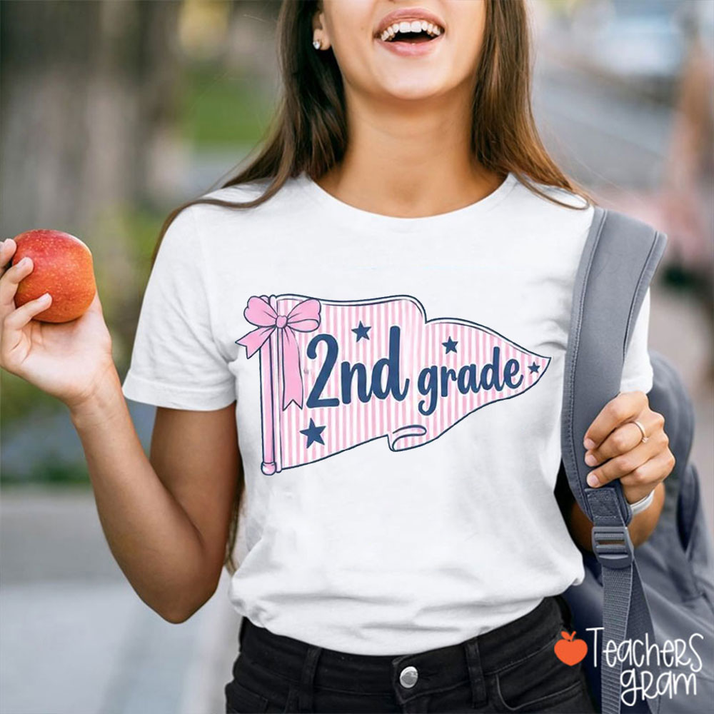 Personalized Grade Coquette Pennant Flag Teacher T-Shirt