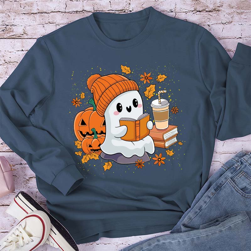 Reading Ghost Pumpkin Halloween Teacher Long Sleeve T-Shirt
