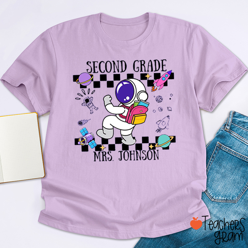 Personalized Grade Teacher Name Space Astronaut Checkerboard Planet Rocket Teacher T-Shirt