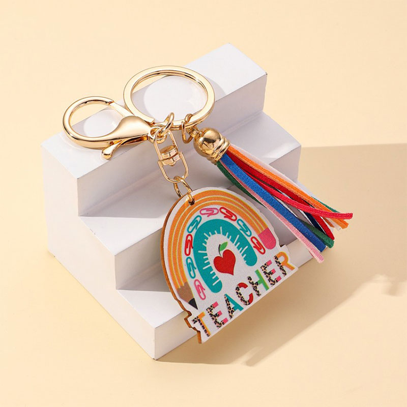 Rainbow Wooden Sign Tassel Teacher Keychain