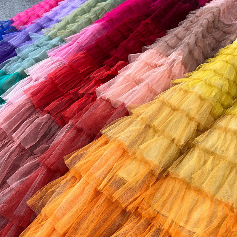 Gradient Color Irregular Mesh Long Cake Skirt Dress