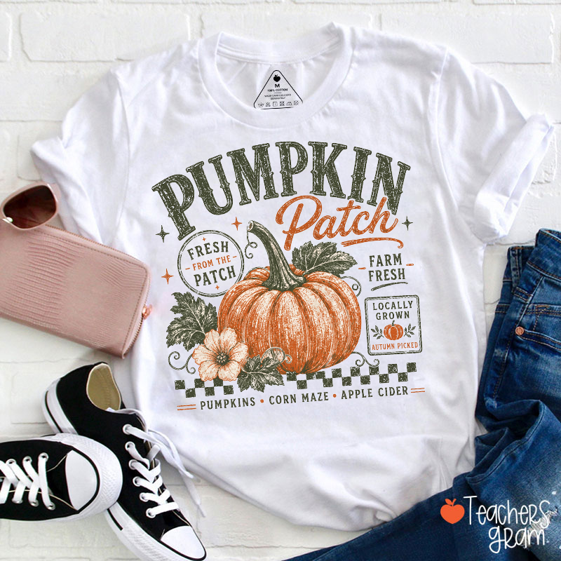 Pumpkin Patch Vintage Farm Fresh Floral Checkerboard Fall Teacher T‑Shirt