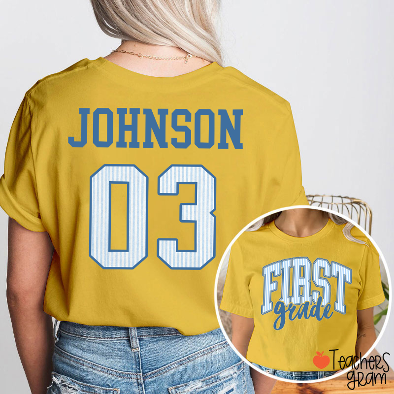Personalized Name And Grade Striped Varsity Teacher Two Sided T-Shirt