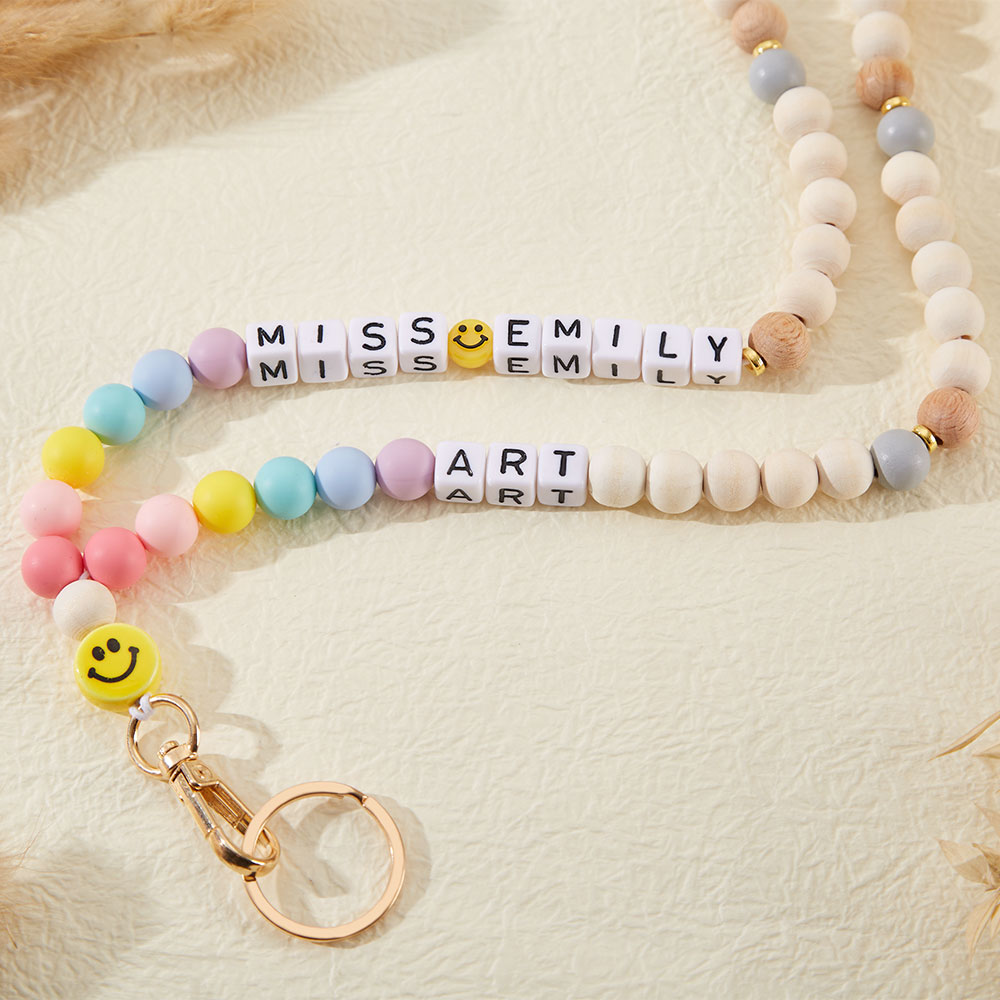 Personalized Rainbow Beads Smiley Face Teacher  Lanyard