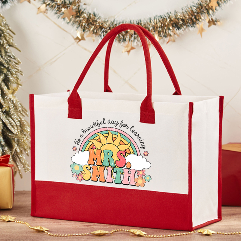 Personalized Name It's A Beautiful Day For Learning Teacher Cotton Tote Bag
