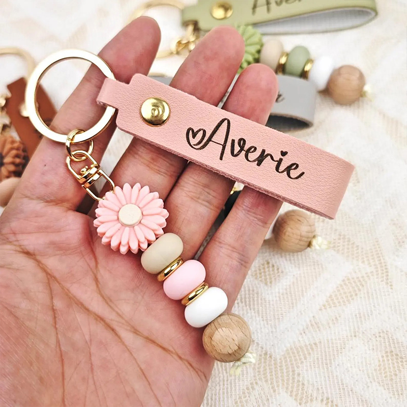 Personalised Name Daisy Beaded Teacher Keychain