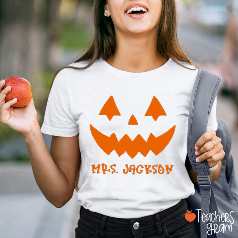 Personalized Name Pumpkin Face Teacher T-Shirt