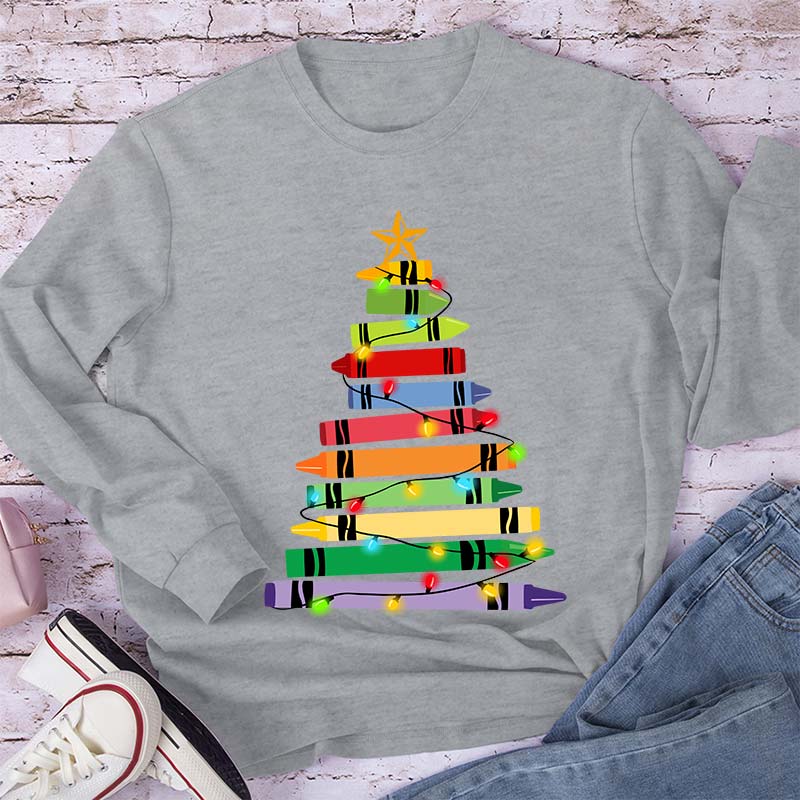 Crayons Tree Colored Ligths Teacher Long Sleeve T-Shirt
