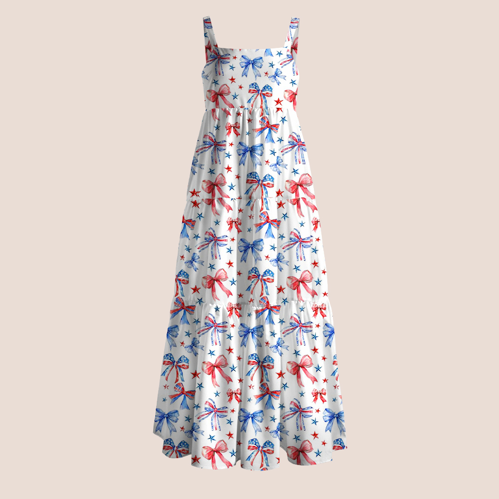 Red Blue Bow Star Watercolor Print Teacher Slip Dress