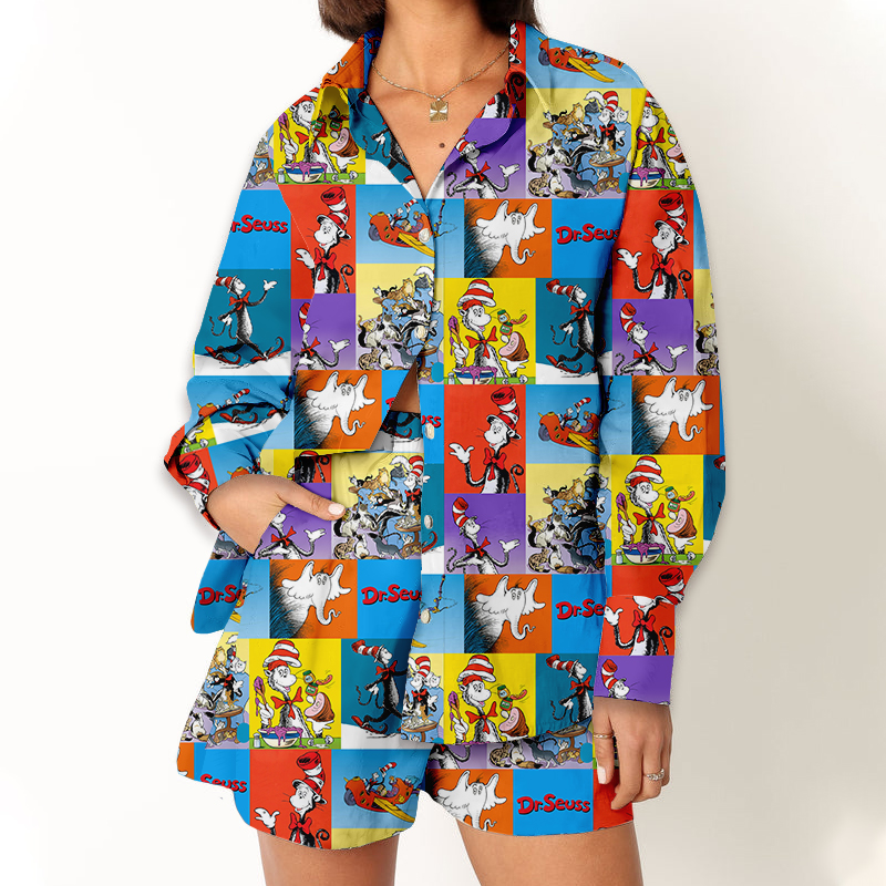 Colorful Cartoon Characters Teacher Long Sleeve Shirt And Shorts Set