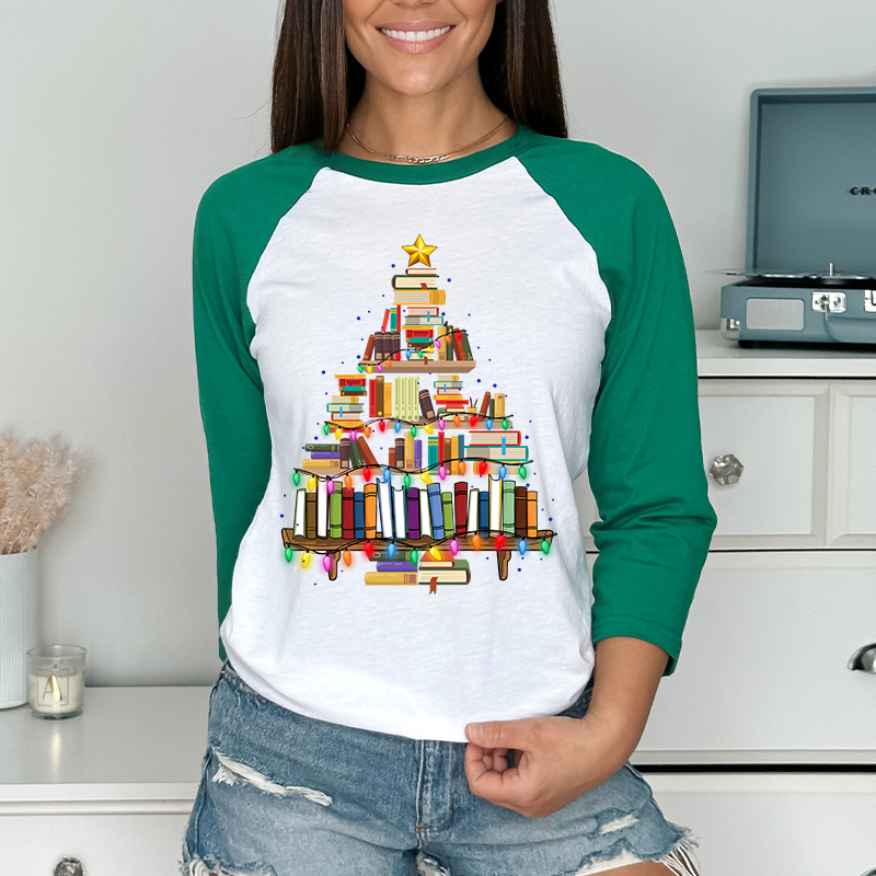 Book Christmas Tree Teacher Raglan Long Sleeve T-Shirt